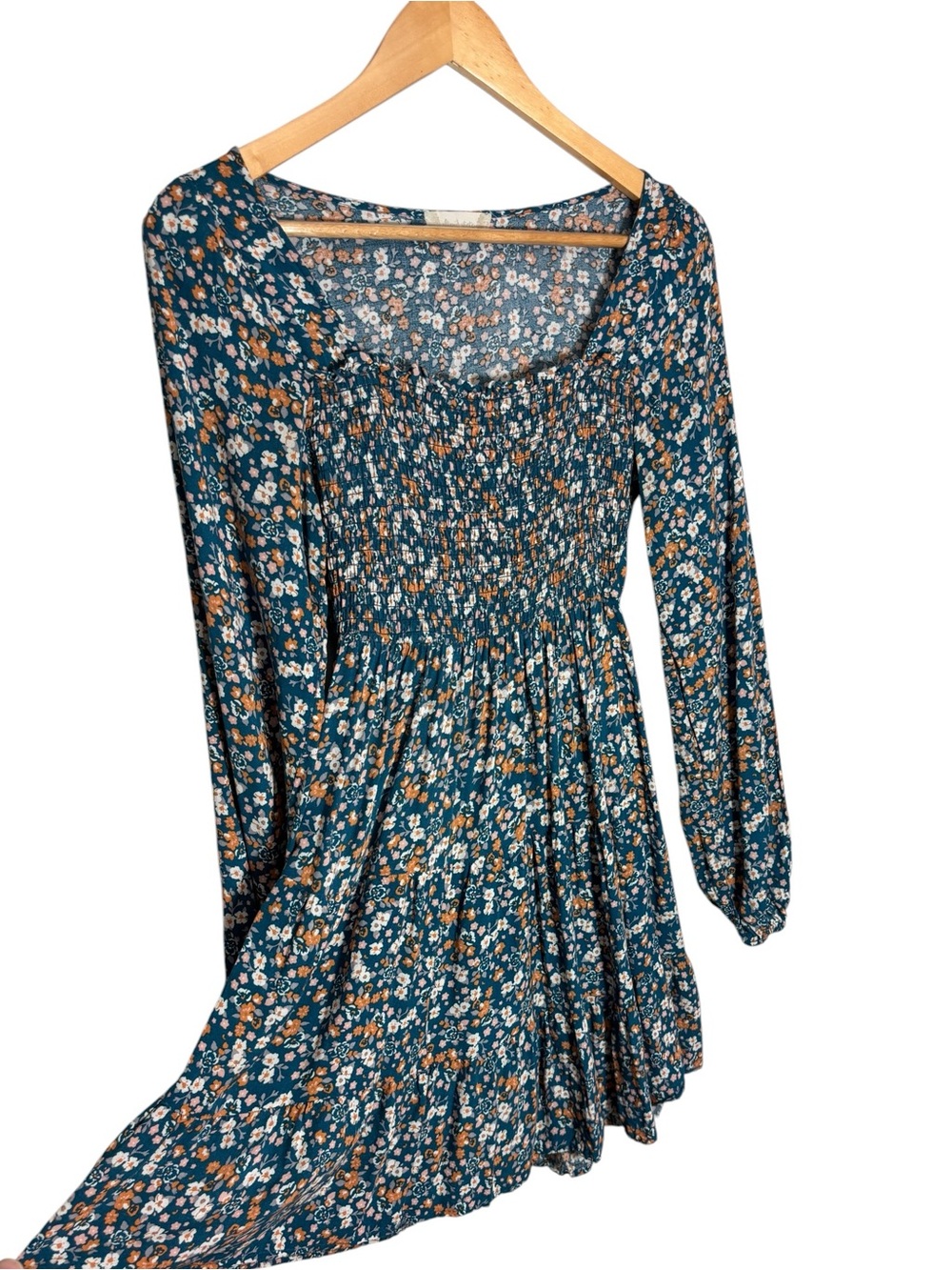 Altar'd State S Blue Boho Floral Mini Babydoll Smocked Dress Peasant Sleeve